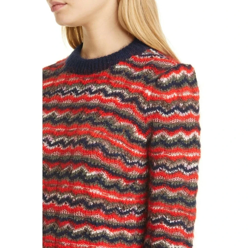 $298 TORY BURCH Lurex Stripe Knit Wool Blend Red Sweater Crew Neck Womens MEDIUM